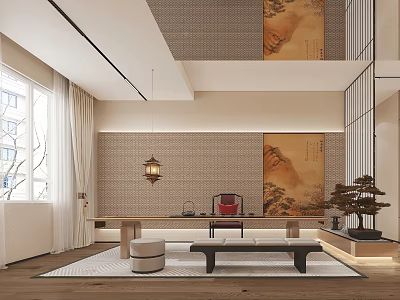 Traditional Chinese Tea Room Interior With Landscape Paintings Hanging Lantern And Bonsai Tree 3d model