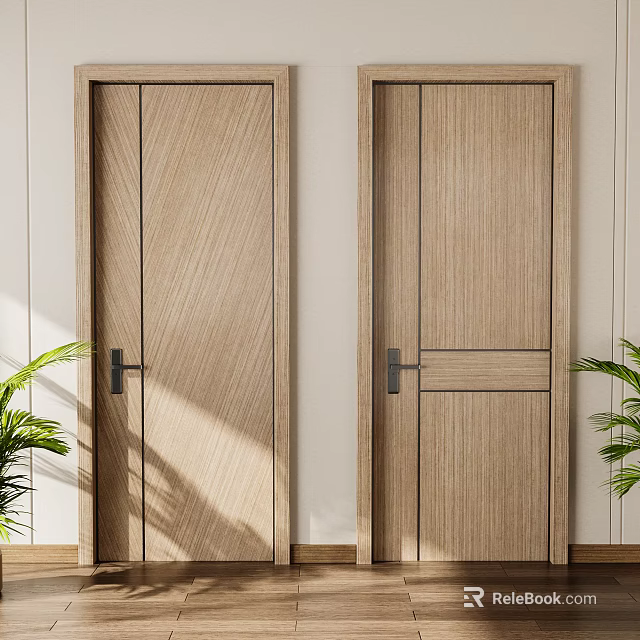 Modern Wooden Swing Doors with Natural Wood Texture Black Handles in Bright Room Beside Plants 3d model 