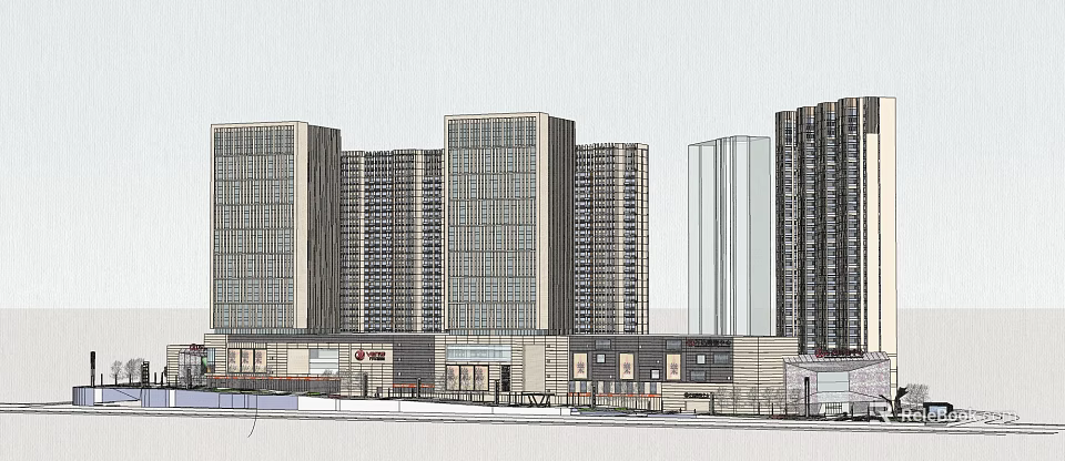 Modern Commercial Complex With High Rise Buildings And Ground Floor Retail Spaces 3d model 