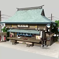 Cartoon Scene of Japanese Style Shop With Green Roof Wooden Structure Utility Poles and Trees