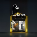 Modern Exhibition Hall Interior With Golden Decor Black Wall Gray Sofa And Modern Lighting