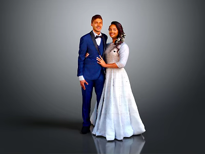 Couple In Formal Blue Suit And White Gown Pose Together 3d model