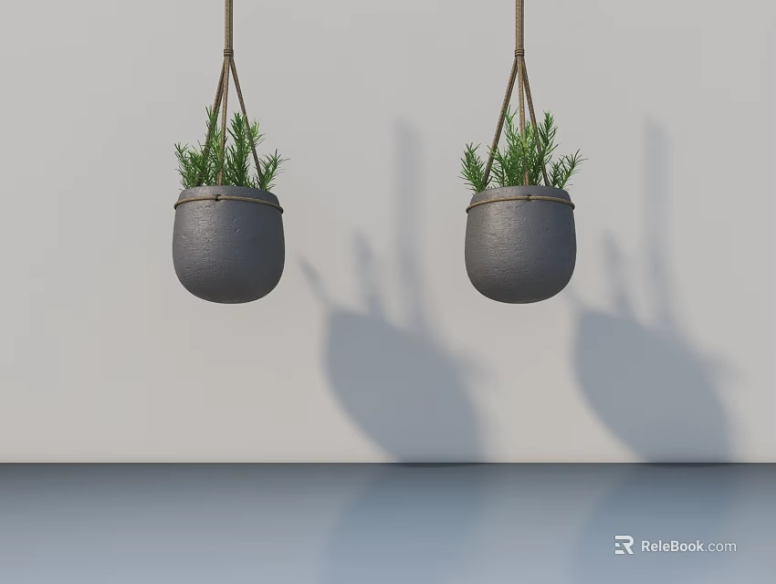 Gray Ceramic Hanging Planters With Green Plants Against White Wall And Floor Shadows 3d model 