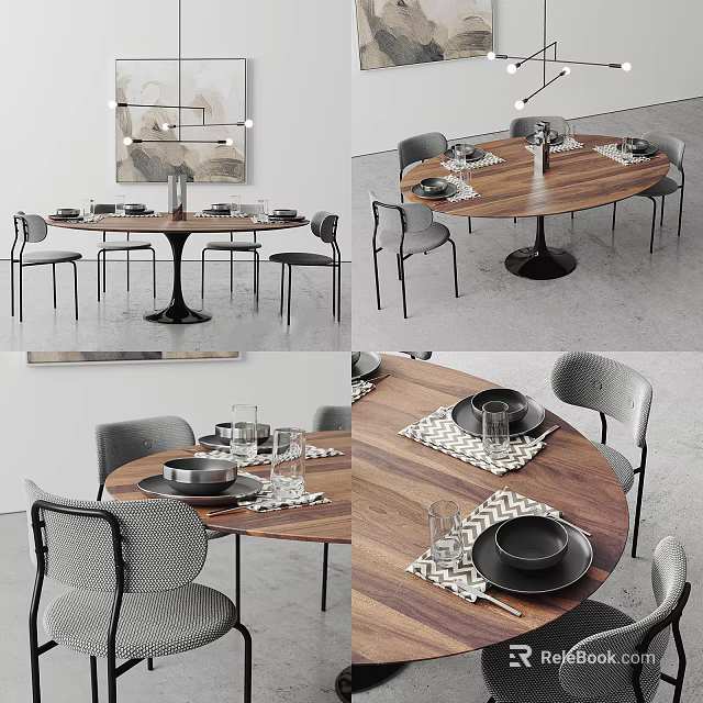 Modern Round Dining Table Set With Wooden Top Metal Base Gray Chairs And Tableware 3d model 