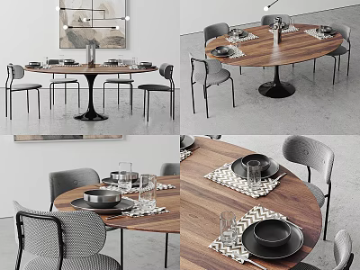 Modern Round Dining Table Set With Wooden Top Metal Base Gray Chairs And Tableware 3d model