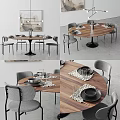 Modern Round Dining Table Set With Wooden Top Metal Base Gray Chairs And Tableware