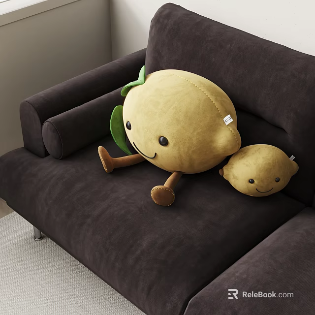 Cartoon Fruit Shaped Pillows With Smiling Faces Green Leaves Large And Small On Brown Sofa 3d model 