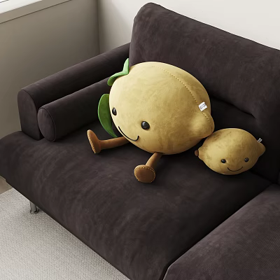 Cartoon Fruit Shaped Pillows With Smiling Faces Green Leaves Large And Small On Brown Sofa 3d model