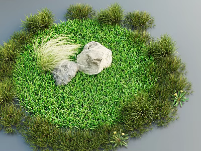 Lush Circular Green Lawn With Stones In Center And Surrounding Small Shrubs Grass Tufts 3d model