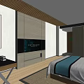Hotel Guest Room Featuring Comfortable Bed Wooden Floor Desk Chair and Modern Wall Design