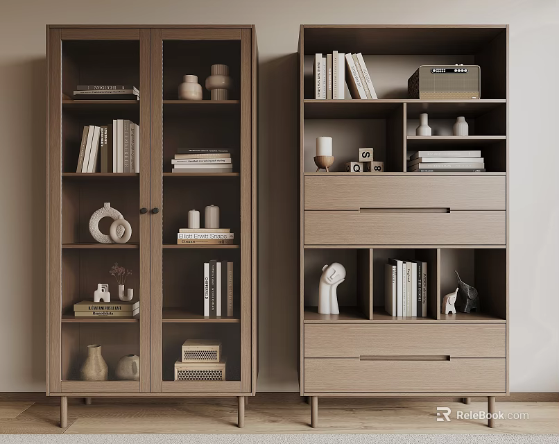 Modern Wooden Bookcases With Glass Doors Drawers Open Shelves Books And Decorative Items 3d model 