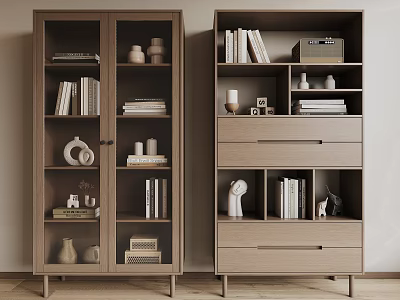 Modern Wooden Bookcases With Glass Doors Drawers Open Shelves Books And Decorative Items 3d model