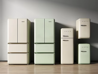 Multiple White And Light Green Refrigerators And Freezers With Various Styles And Sizes 3d model