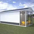 Modern Boutique Guesthouse With Glass Walls Blue Roof And Green Lawn Surroundings