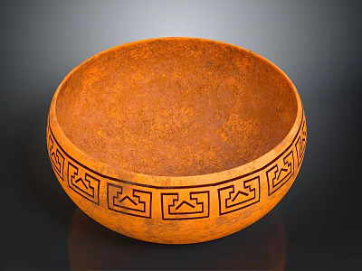 Handcrafted Orange Ceramic Sculpture Carving With Intricate Geometric Rim Patterns 3d model