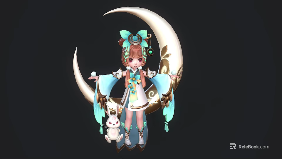 Cute Anime Game Character in Blue and White Outfit with Bow and Rabbit on Moon Crescent 3d model 