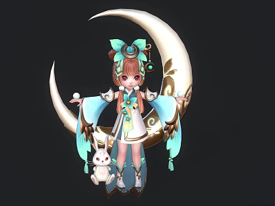 Cute Anime Game Character in Blue and White Outfit with Bow and Rabbit on Moon Crescent 3d model