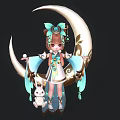 Cute Anime Game Character in Blue and White Outfit with Bow and Rabbit on Moon Crescent