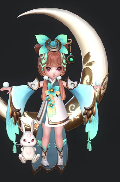 Cute Anime Game Character in Blue and White Outfit with Bow and Rabbit on Moon Crescent 3d model