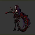 Woman With Purple Long Hair Holding Weapon And Red Black Tail In Black Red Outfit