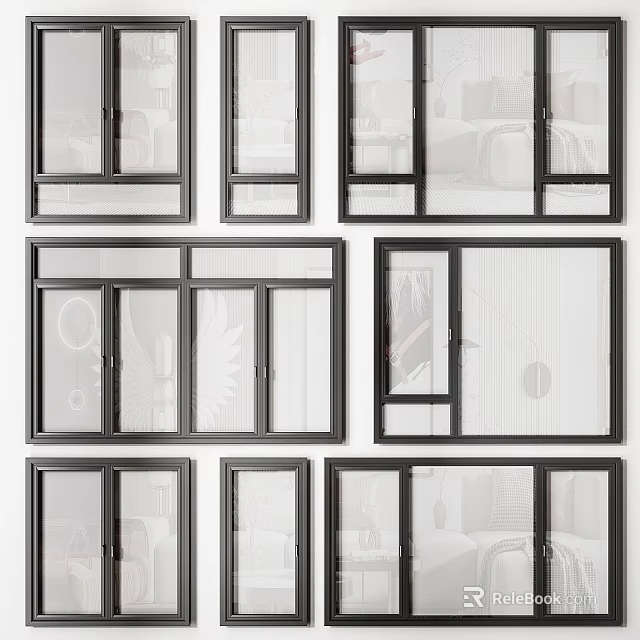 Various Styles Of Modern Window Designs With Black Frames And Glass Panels 3d model 