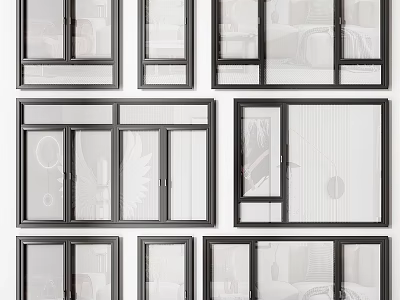 Various Styles Of Modern Window Designs With Black Frames And Glass Panels 3d model