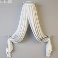 White Sheer Ceiling Drapery with Decorative Knots and Round Ornaments on Light Gray Wall