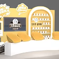 Interactive Zone Interior Design With Yellow Seats Curved Platform Display Shelves And Screen 3d model