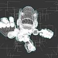 Dynamic Blue White Red Robot Game Movie Character With Yellow Eyes Extended Arm Flying Pose