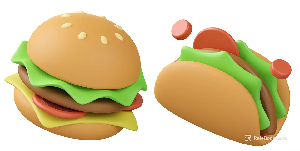 Delicious Burger and Taco with Juicy Patty Fresh Lettuce Tomato and Bun 3d model 