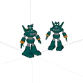 Two Green Robot Toys With Yellow Gray Details And Standing Pose