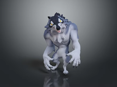 Fierce Gray And White Wolf Monster 3D Model With Yellow Eyes Standing Pose 3d model