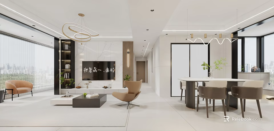 Modern Living Dining Room Interior Design With Sofa Dining Table And Pendant Lights 3d model