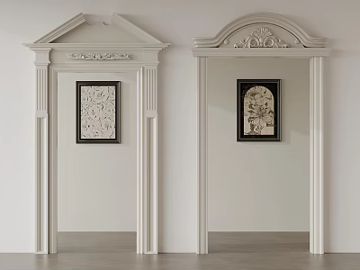 White Decorative Door Frames With Carvings And Hanging Artworks On Light Walls 3d model