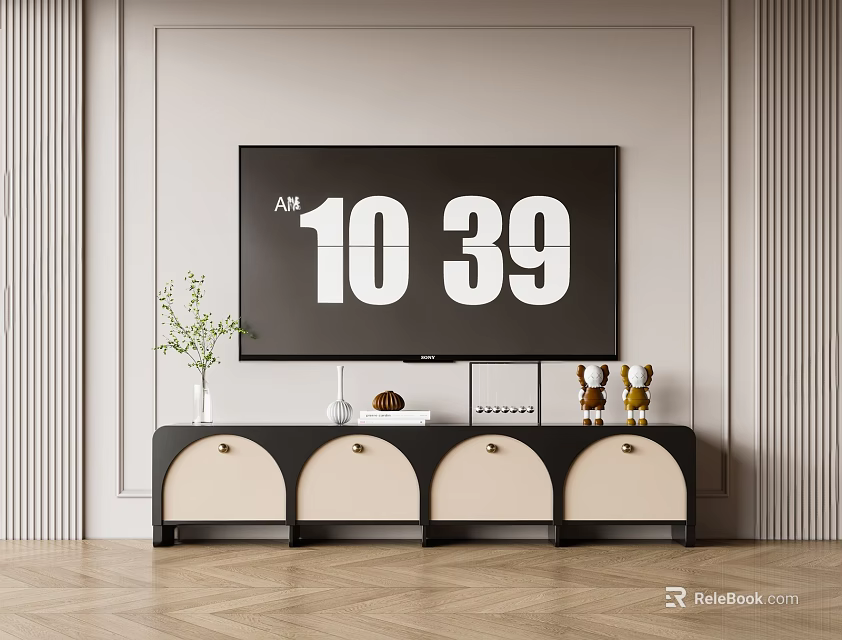 Modern Black And White TV Stand With Decorative Items And TV On Light Wall 3d model 