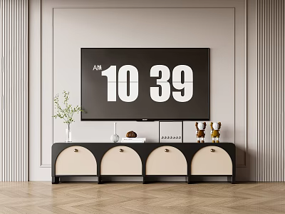 Modern Black And White TV Stand With Decorative Items And TV On Light Wall 3d model