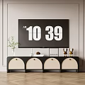 Modern Black And White TV Stand With Decorative Items And TV On Light Wall