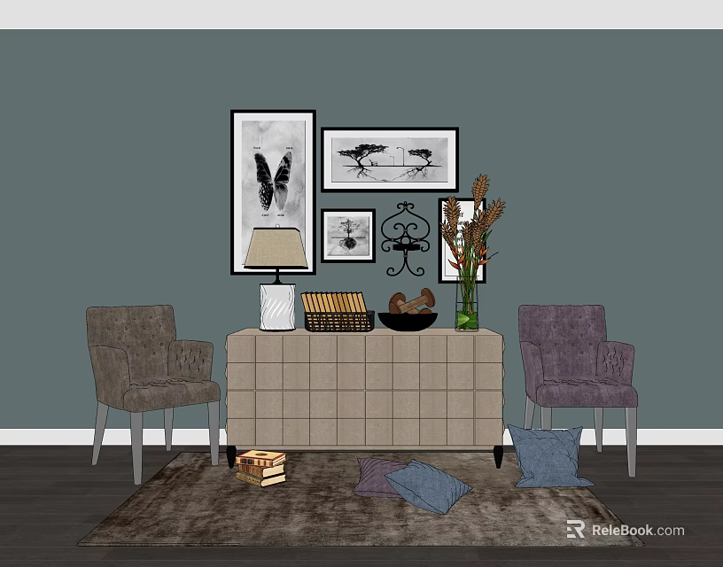 Stylish Beige Console Table In Entryway Interior With Decorative Paintings Chairs Table Lamp And Pillows 3d model 