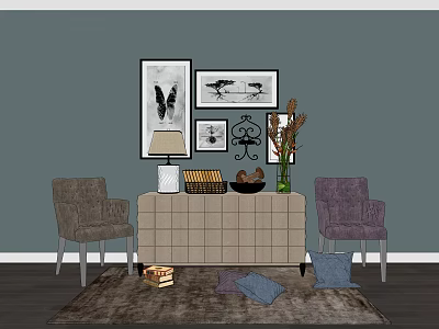 Stylish Beige Console Table In Entryway Interior With Decorative Paintings Chairs Table Lamp And Pillows 3d model