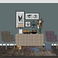 Stylish Beige Console Table In Entryway Interior With Decorative Paintings Chairs Table Lamp And Pillows