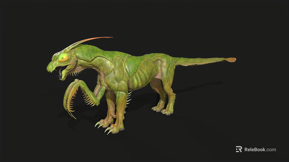 Green Fantasy Creature With Horned Head Large Claws And Long Tail 3d model 