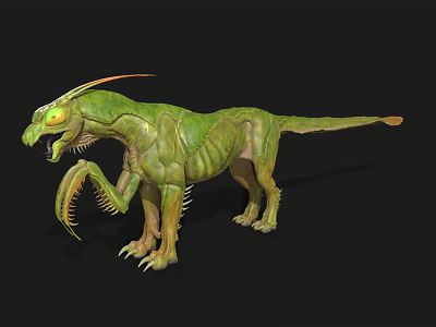 Green Fantasy Creature With Horned Head Large Claws And Long Tail 3d model