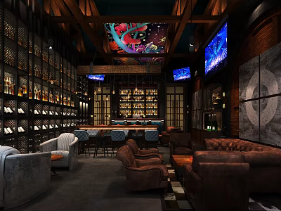 Elegant Bar Interior With Wooden Ceiling Wine Racks TV Screens And Leather Sofas 3d model
