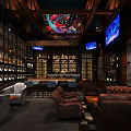 Elegant Bar Interior With Wooden Ceiling Wine Racks TV Screens And Leather Sofas