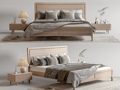 Wooden Double Bed With Gray Brown Bedding Pillows Nightstands Table Lamps And Plants Modern Bedroom 3d model