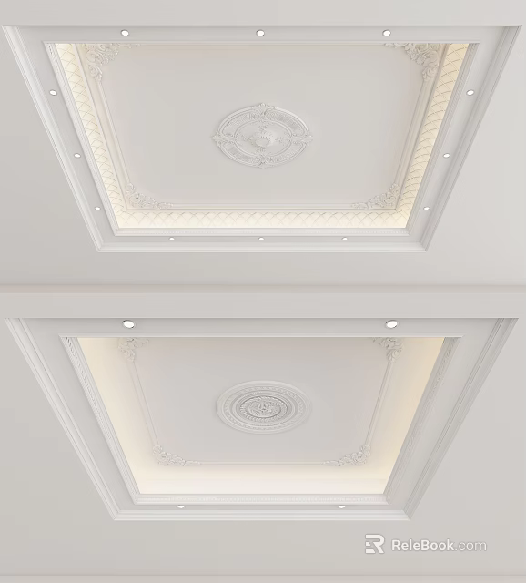 Elegant White Ceiling Design With Decorative Medallion Gypsum Cornice And Recessed Lights 3d model 