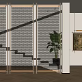 Modern Metal Frame Mesh Room Divider With Staircase Plant And Wall Art