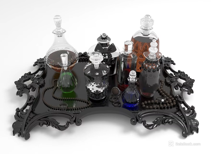 Elegant Fragrance Bottles In Various Shapes On Intricate Black Decorative Tray With Colored Liquids 3d model 