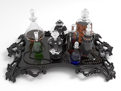 Elegant Fragrance Bottles In Various Shapes On Intricate Black Decorative Tray With Colored Liquids 3d model