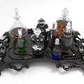 Elegant Fragrance Bottles In Various Shapes On Intricate Black Decorative Tray With Colored Liquids